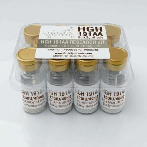 Ten vials of peptide HGH 191aa 120IU arranged in a bulk kit