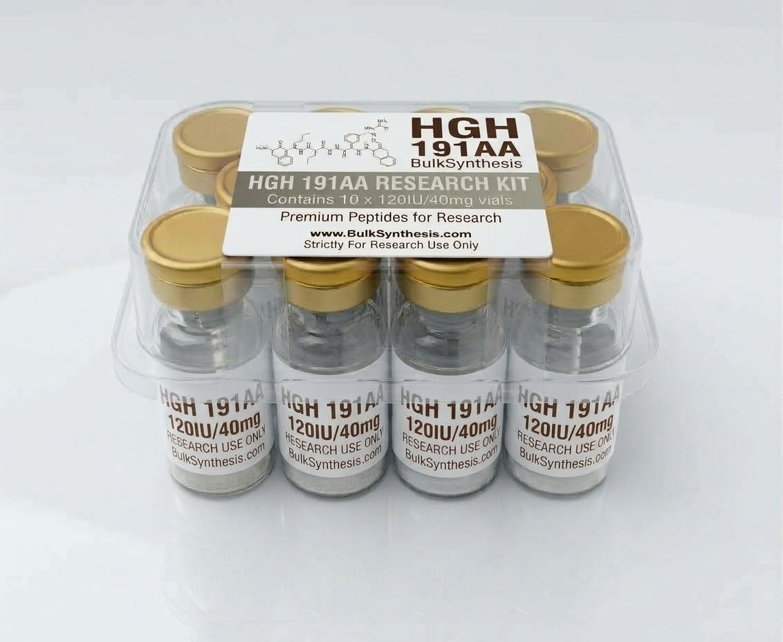 Ten vials of peptide HGH 191aa 120IU arranged in a bulk kit