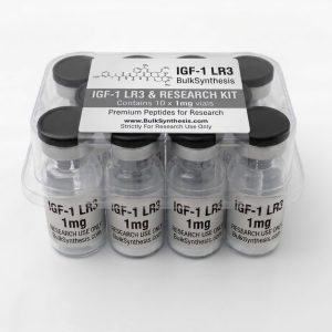 Ten vials of peptide IGF-1 LR3 1mg arranged in a bulk kit