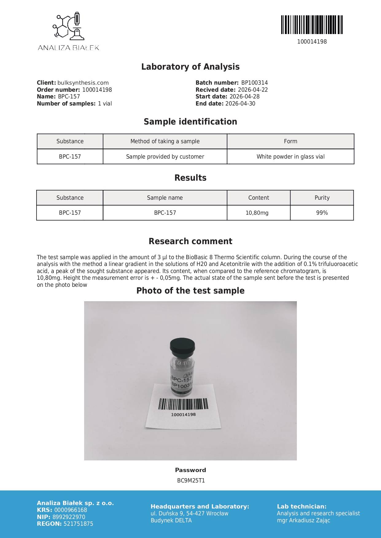 BPC-157 10mg peptide Certificate of Analysis showing 99 percent HPLC purity test report