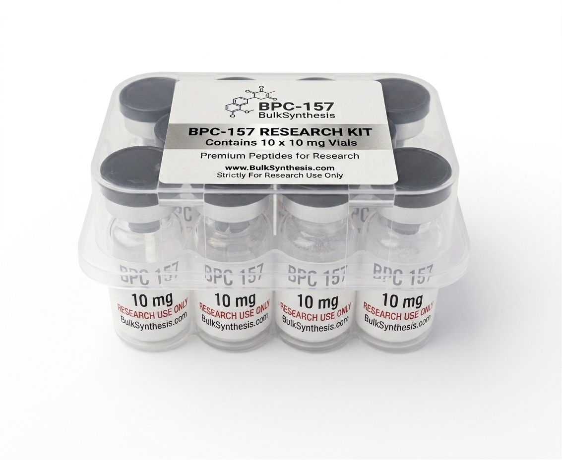 Ten vials of peptide BPC-157 10mg arranged in a bulk kit