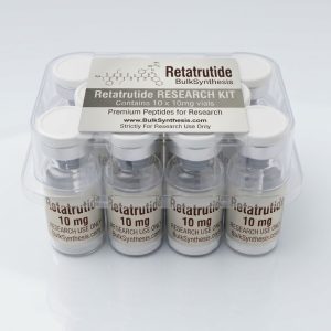 Ten vials of peptide Retatrutide 10mg arranged in a bulk kit