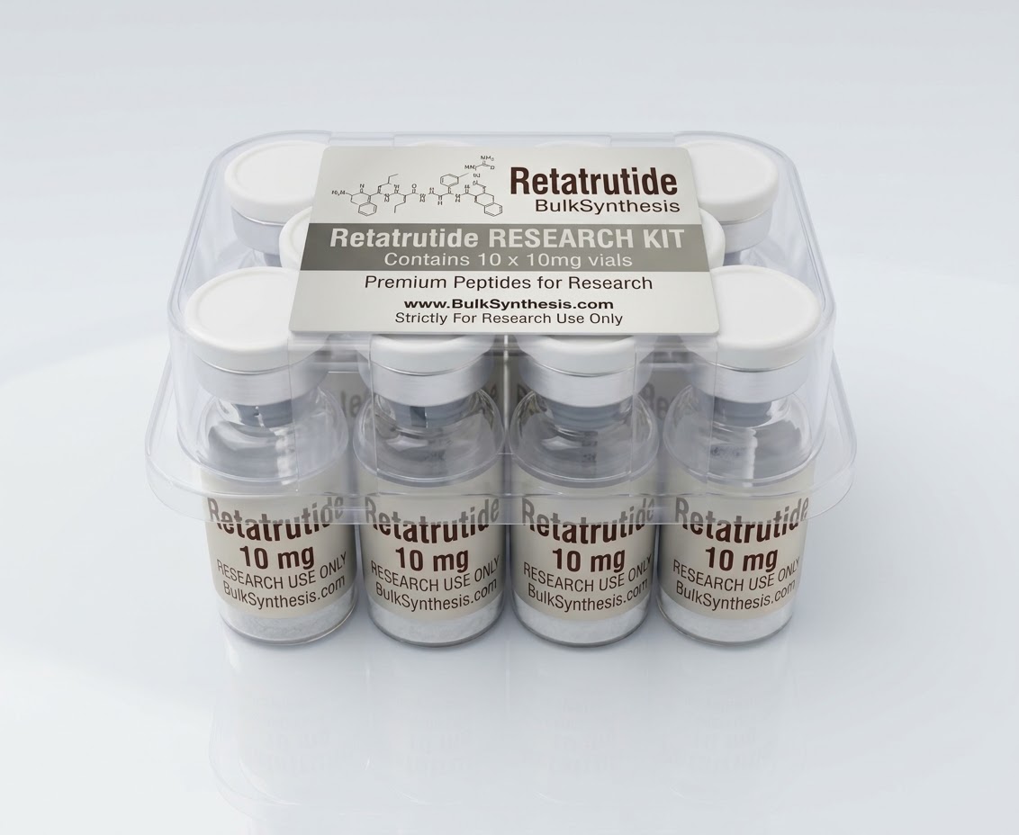 Ten vials of peptide Retatrutide 10mg arranged in a bulk kit