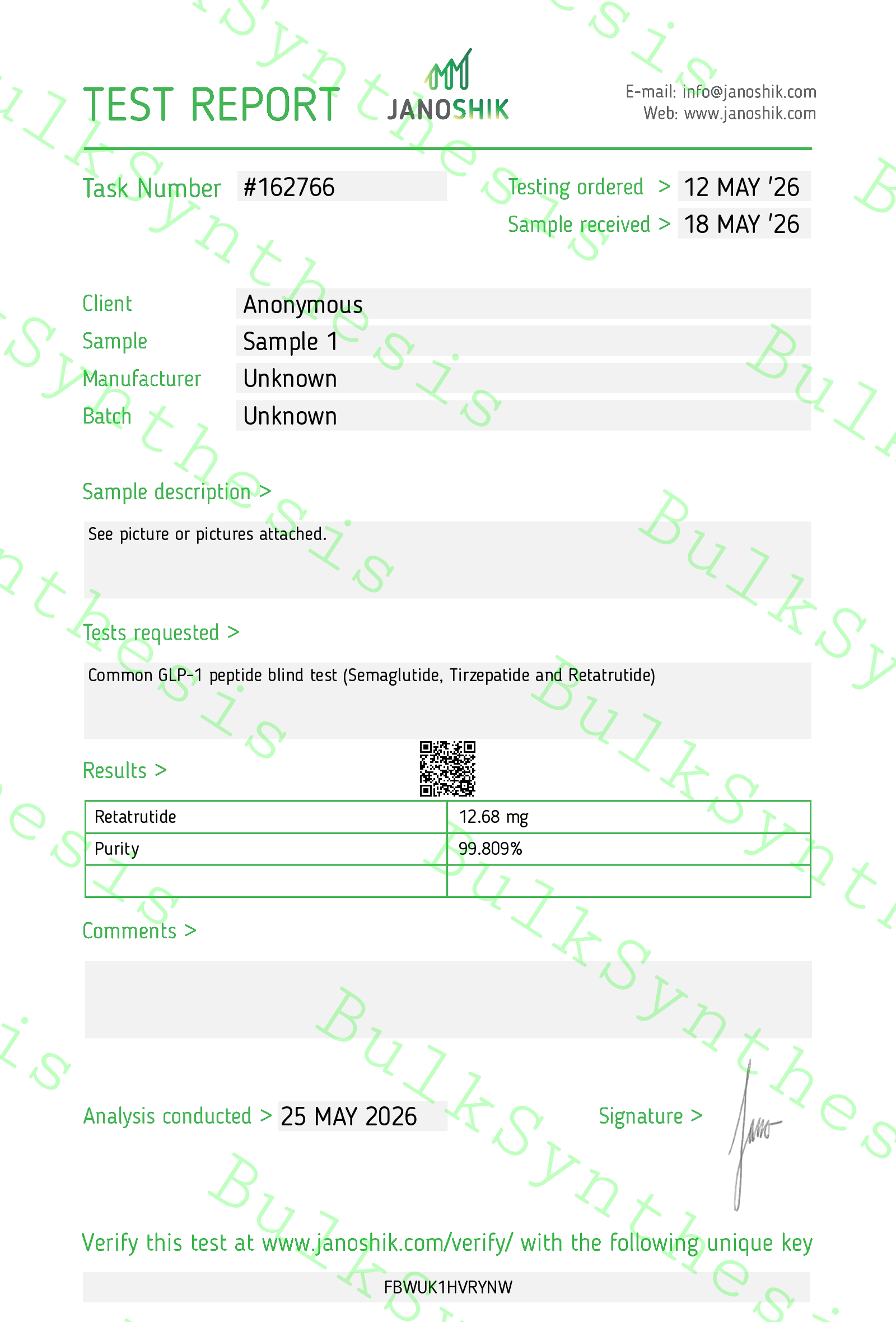Retatrutide 10mg peptide Certificate of Analysis showing 99 percent HPLC purity test report