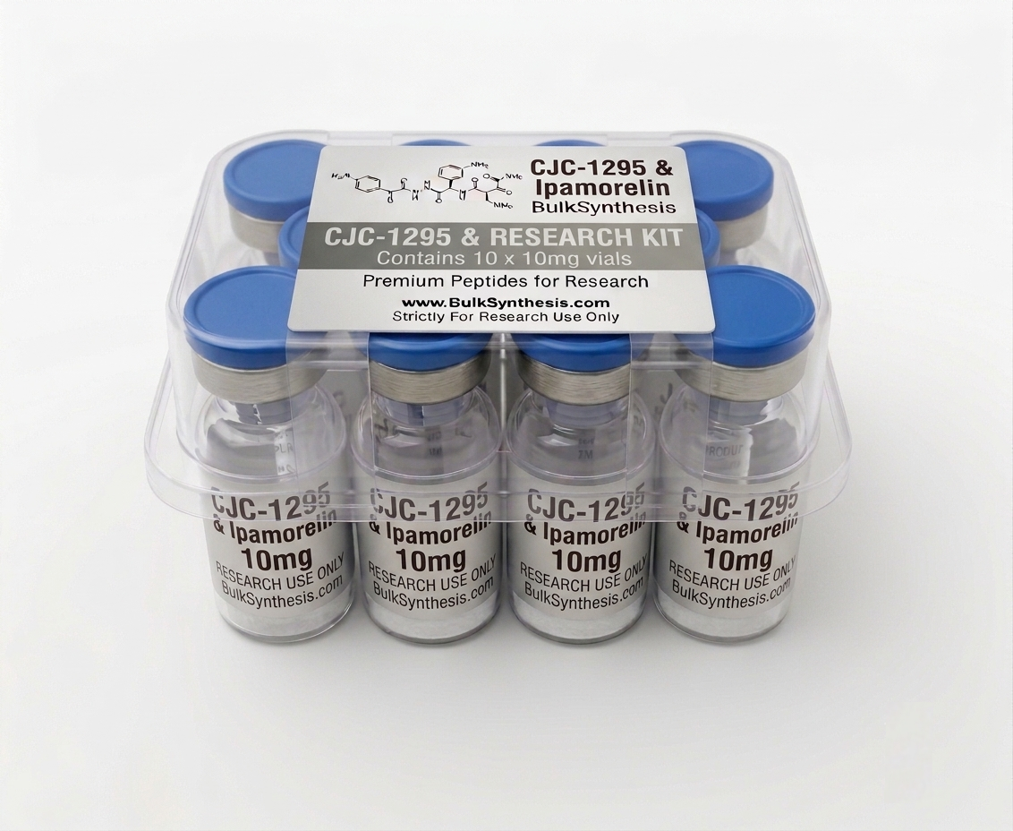Ten vials of peptide CJC-1295 & Ipamorelin 10mg arranged in a bulk kit