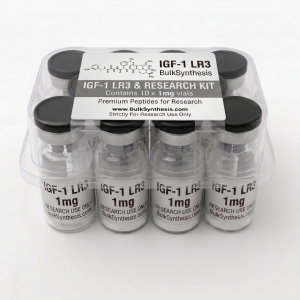 Ten vials of peptide IGF-1 LR3 1mg arranged in a bulk kit