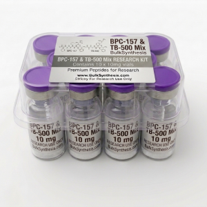 Ten vials of peptide BPC-157 & TB-500 10mg blend arranged in a bulk kit