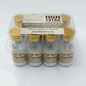 Ten vials of peptide HGH 191aa 120IU arranged in a bulk kit