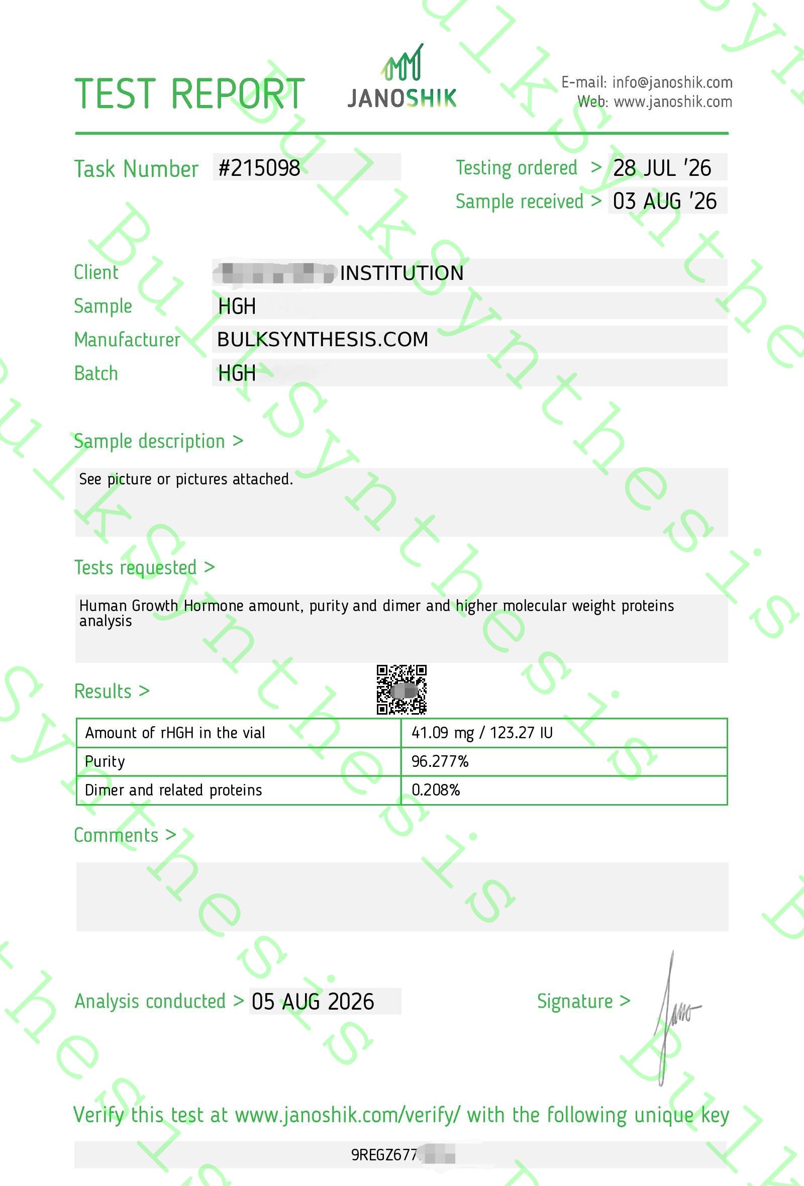 HGH 191aa 120IU of Analysis showing 99 percent HPLC purity test report