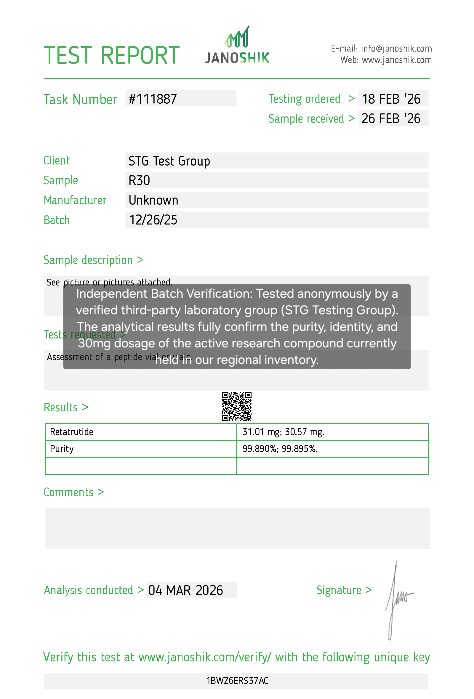 Retatrutide 30mg peptide third-party Certificate of Analysis showing 99 percent HPLC purity test report