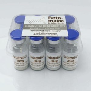 Ten vials of peptide Retatrutide 30mg arranged in a bulk kit