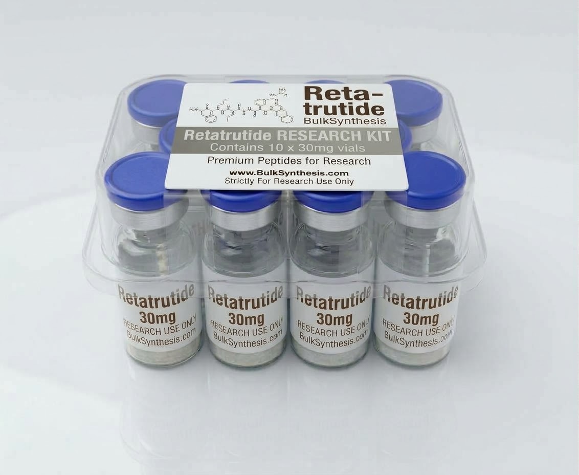 Ten vials of peptide Retatrutide 30mg arranged in a bulk kit
