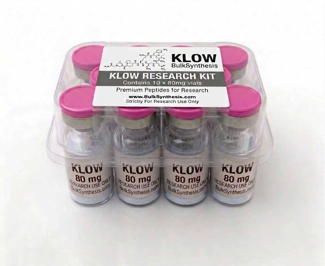 Ten vials of peptide KLOW 80mg arranged in a bulk kit