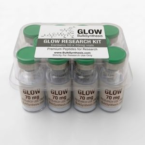 Ten vials of peptide blend GLOW 70mg are arranged in a bulk kit