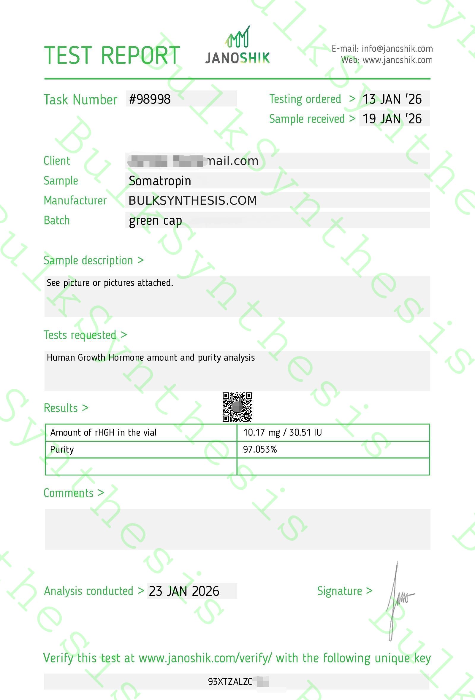 HGH 191AA 30IU Janoshik Certificate of Analysis showing 99 percent HPLC purity test report
