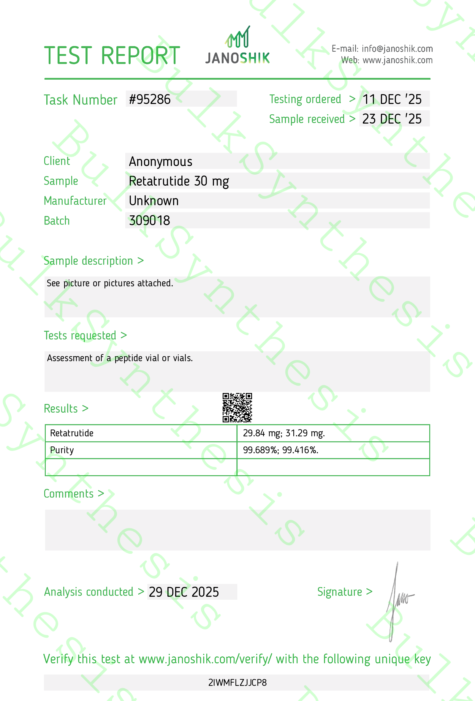 Retatrutide 30mg peptide Janoshik Certificate of Analysis showing 99 percent HPLC purity test report