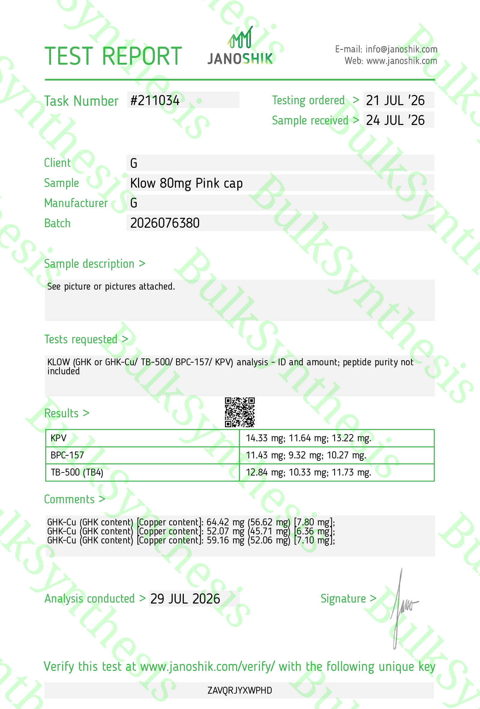 Janoshik COA shows 99 percent purity for peptide KLOW 80mg